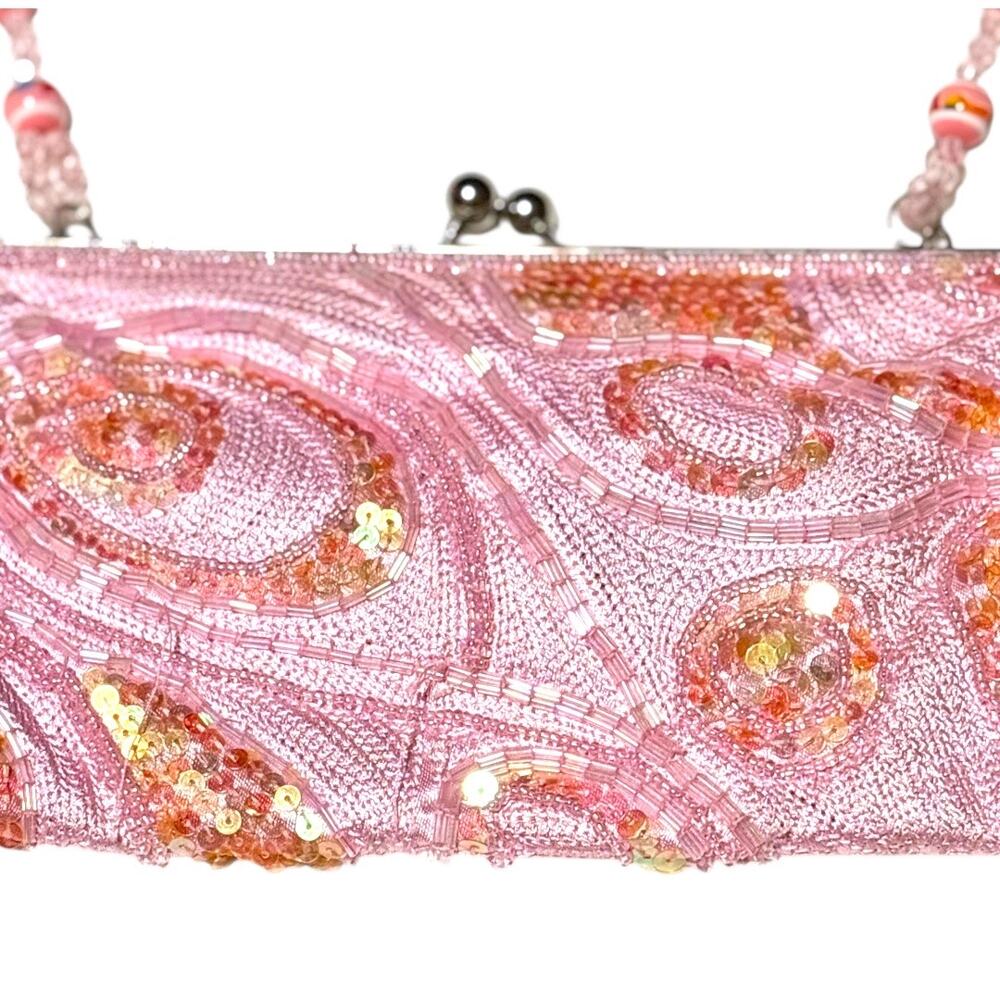 Small Light Pink Sequin Purse w/ Beaded Curved Strap - Multicolor Shimmer - Picture 4 of 7